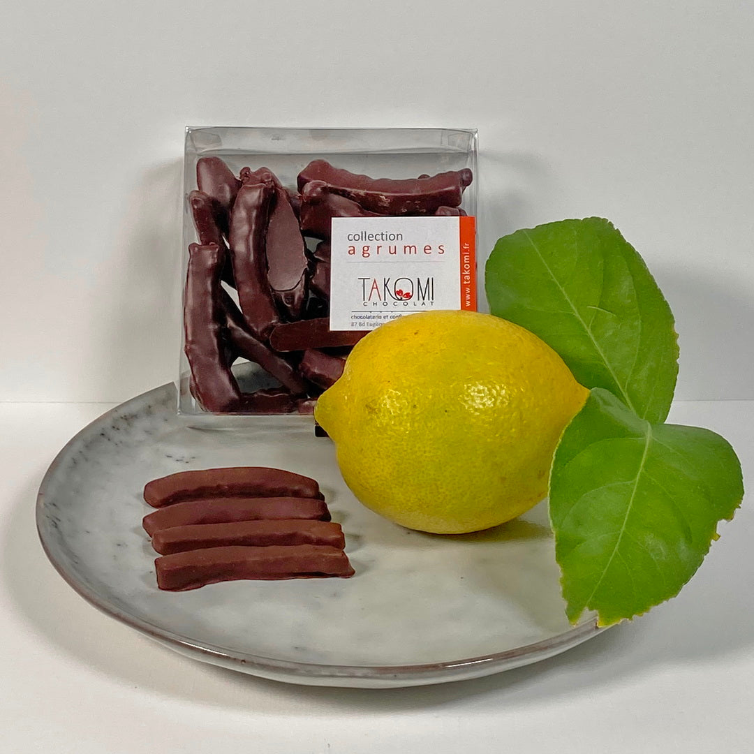 écorces de citrons confites et enrobées de chocolat