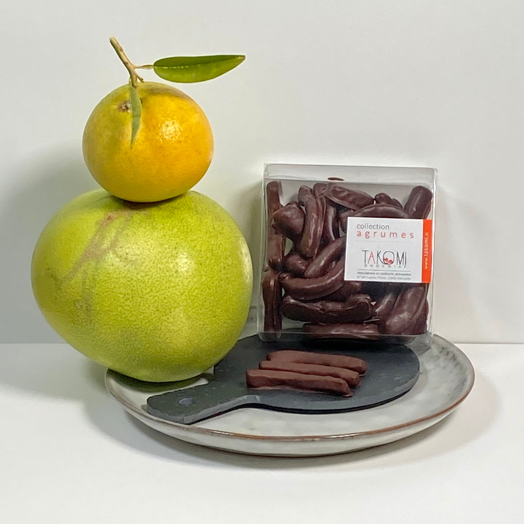 écorces de pamplemousses confites et enrobées de chocolat
