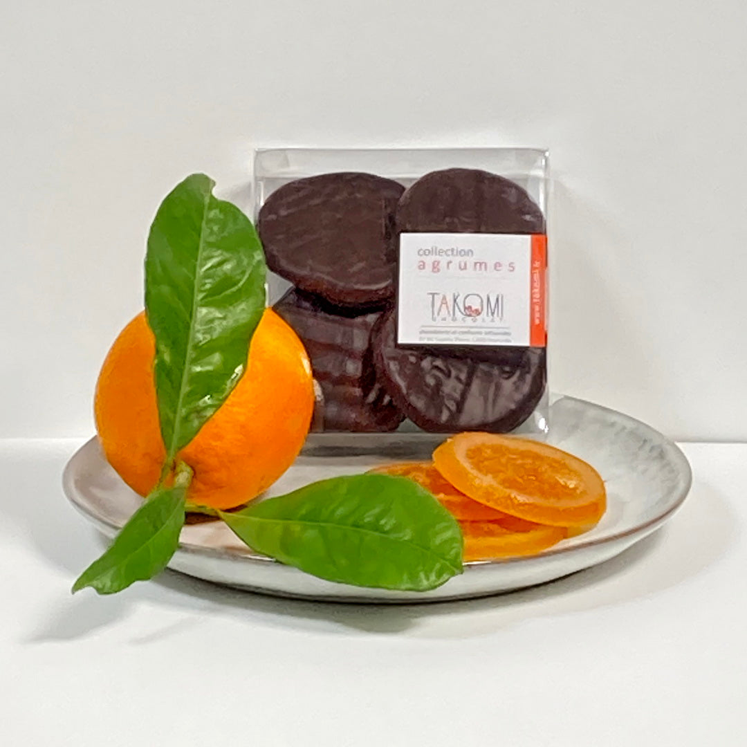 tranches d'oranges confites et enrobées de chocolat